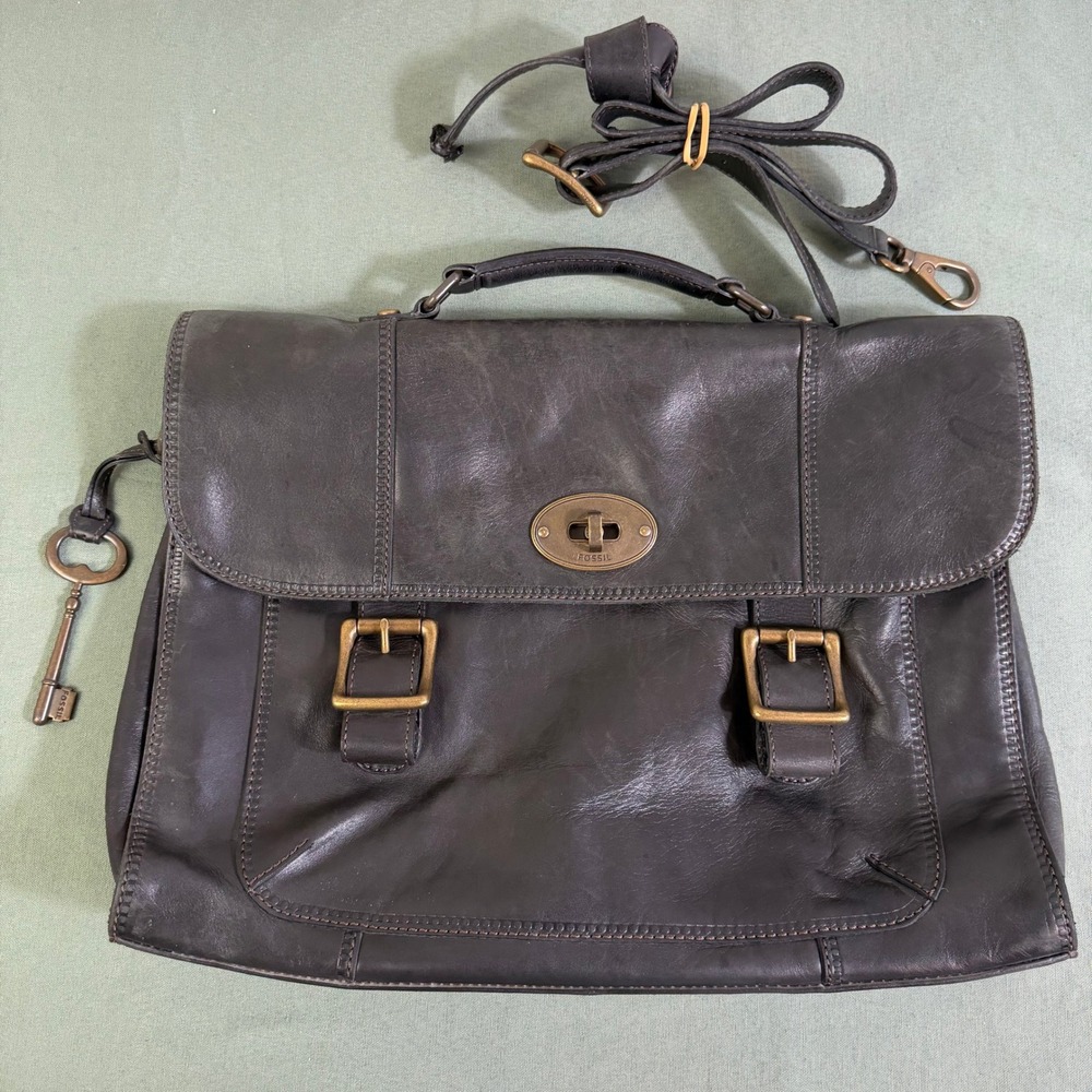 Fossil Dark Brown Leather Messenger Bag Briefcase Turnlock Key Charm Vintage